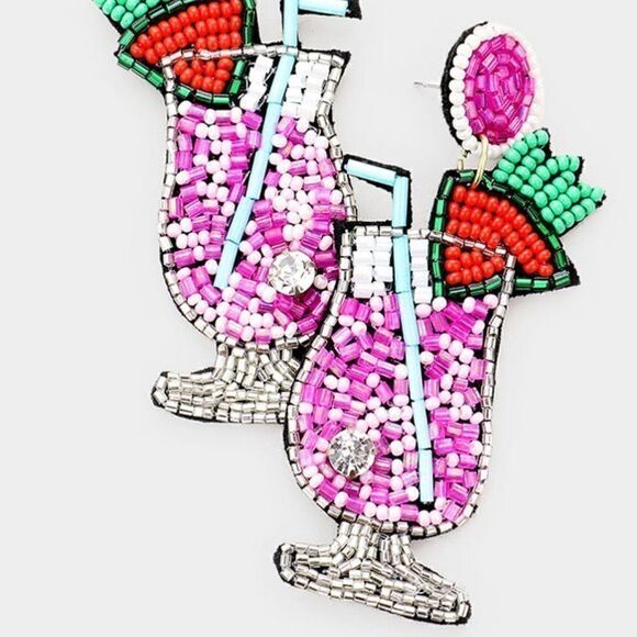 Cocktail Pink Seed Bead Felt Back Earrings - Picture 2 of 5